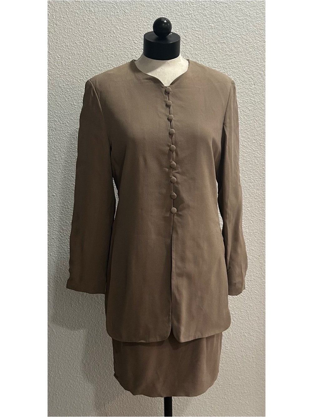 Ann Taylor Vintage Taupe Silk Dress Attached Jacket Front Buttons Sheath Size 10